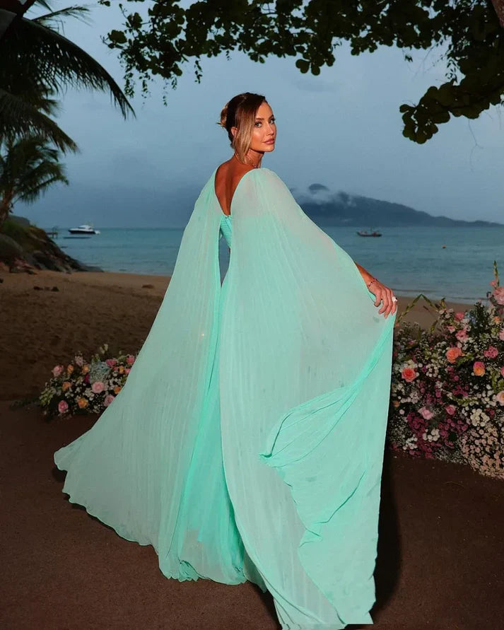 Aimishang Dress Wholesale Elegant Mint Green Chiffon Prom Dress A-Line Long Cape Sleeves Floor Length Formal Evening Party Gowns
