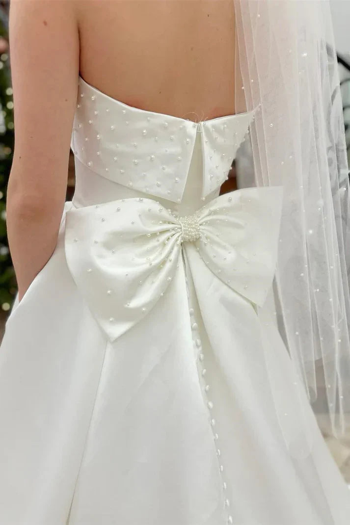 White Strapless Bow-Back Pearls A-Line Wedding Dress Off Shoulder Charming No With Wedding Veil And Gloves