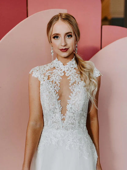 Elegant Applique A-line Lace Chapel Train Wedding Dresses With Sequins Beautiful