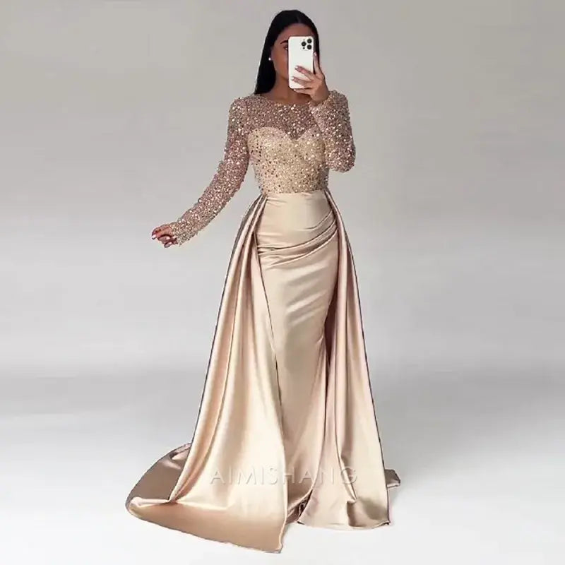 Aimishang Mermaid Sequin Evening Gown Ruched Satin Dress Long Sleeves Floor Length Sparkle Illusion Neck Fall Wedding Guest Dress with Pearls Overskirt