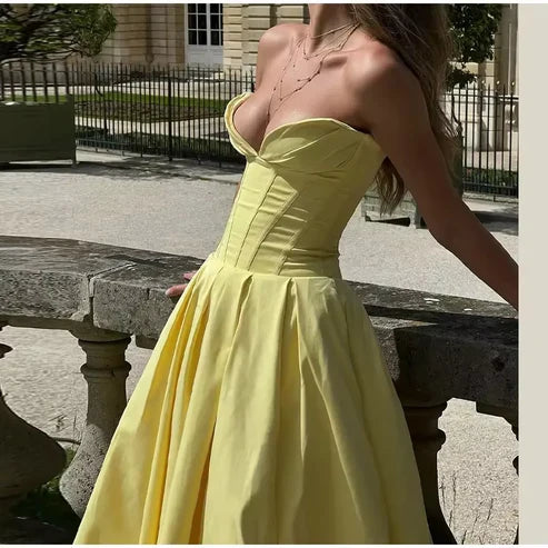 Aimishang Dress Wholesale Simple Women Strapless Pleated Maxi Dress Fashion Sexy Sleeveless A-line Party Evening Dress