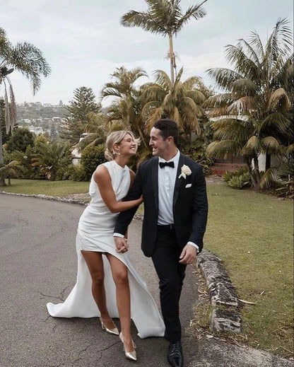 Aimishang High Neck Elegant Wedding Dresses with Side Slit Simple Evening Party Dress