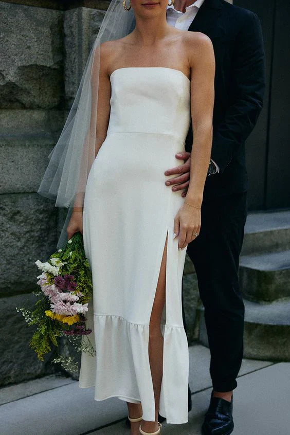 Aimishang Simple Strapless Sleeveless Satin Sheath Wedding Dress With Slit Elegant Party Dresses