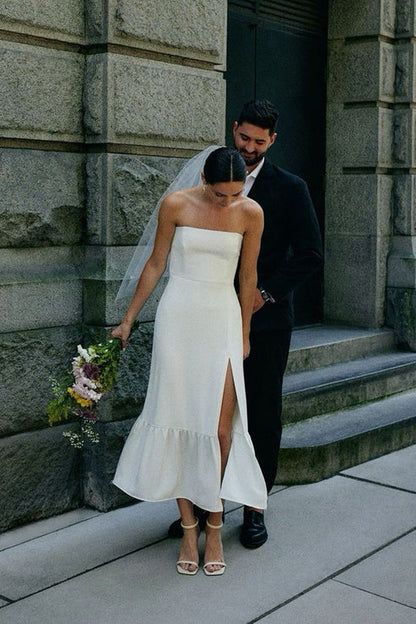 Aimishang Simple Strapless Sleeveless Satin Sheath Wedding Dress With Slit Elegant Party Dresses
