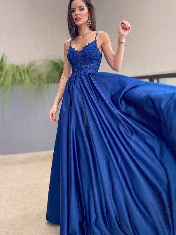 A-Line/Princess Applique Spaghetti Straps Satin Sleeveless Floor-Length Dresses - RongMoon