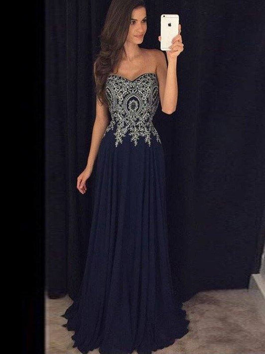 A-Line/Princess Sweetheart Sleeveless Floor-Length Chiffon Applique Dresses - RongMoon