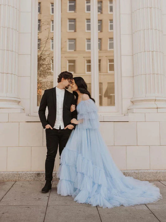 Elegant Spaghetti Straps Off-The-Shoulder Long Sleeves Tiered Tulle Sweep Train Prom Dresses Charming Wholesale