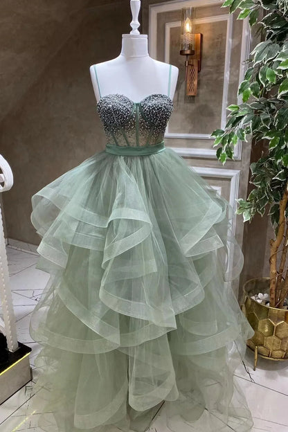 Modern Sweetheart Beadings Evening Dress With Spaghetti Straps And Tulle Prom Dress