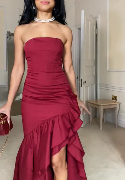 Charming Red Strapless Cascading Ruffle Long Prom Dress Off Shoulder Evening Dress Wholesale