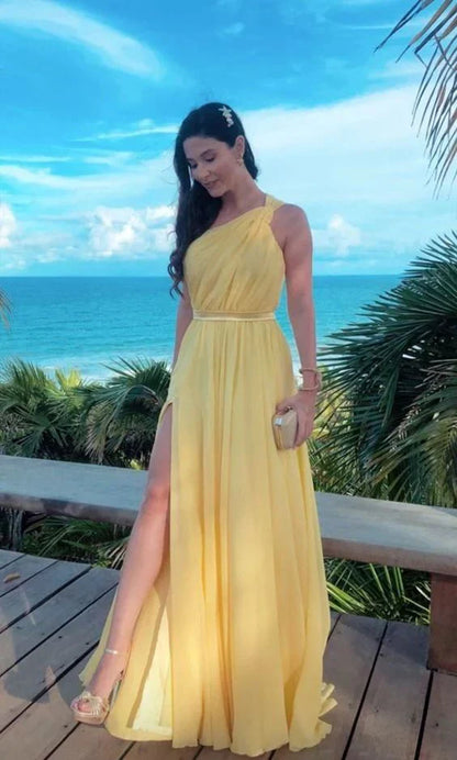 Yellow One Shoulder Wedding Guest Dress Chiffon A-Line Long Formal Dress Evening Dress With Slit