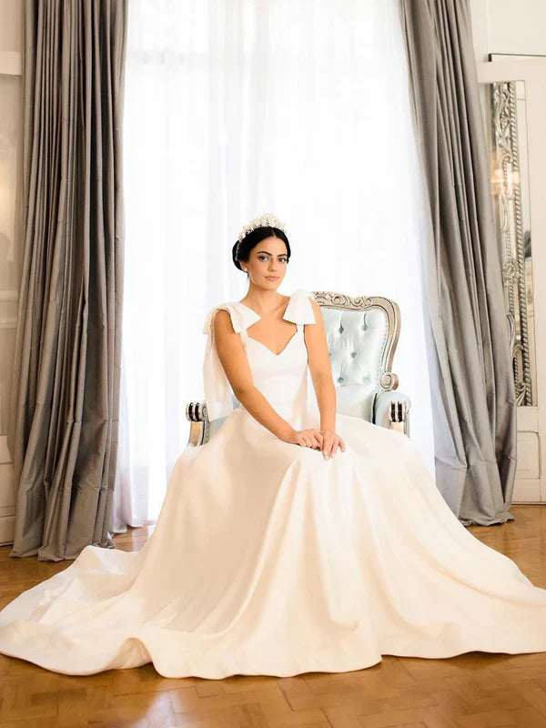 A Line Satin Wedding Gown Sweetheart Neck Wedding Dress With Bowtie Straps Solid Color