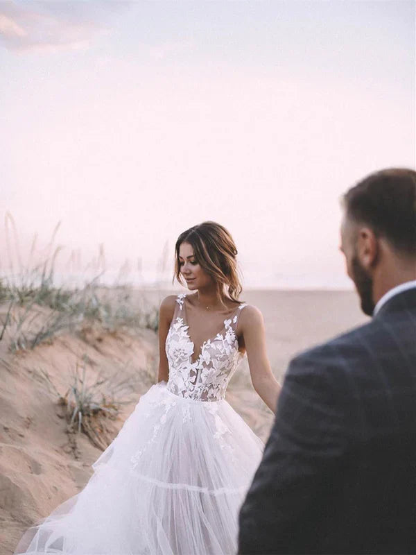 Unique Appliqued A-line Tulle Wedding Dresses With Chapel Train Floor Length Beautiful
