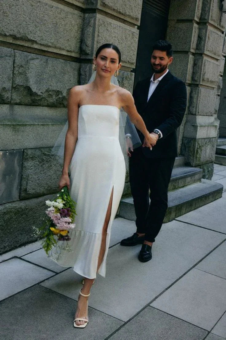 Aimishang Simple Strapless Sleeveless Satin Sheath Wedding Dress With Slit Elegant Party Dresses