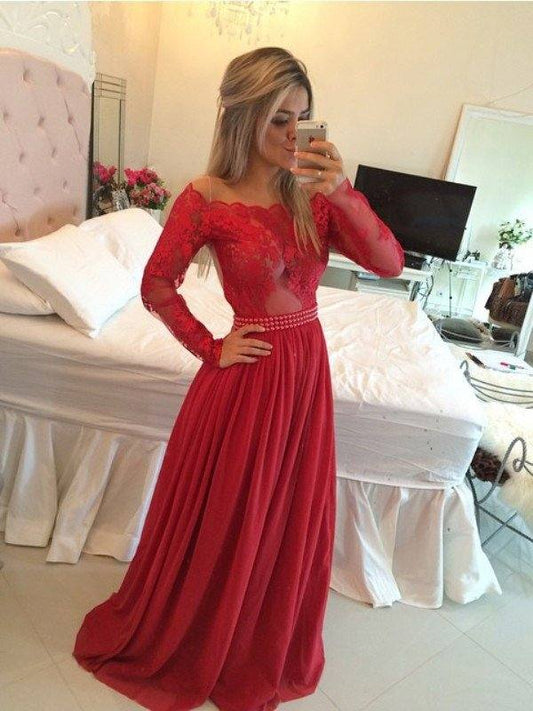 A-Line/Princess Off-the-Shoulder Chiffon Sweep/Brush Train Applique Dresses - RongMoon