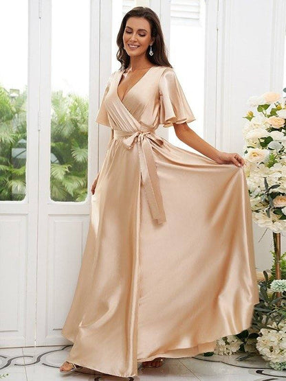 A-Line/Princess Silk like Satin Sash/Ribbon/Belt V-neck Short Sleeves Floor-Length Bridesmaid Dresses - RongMoon