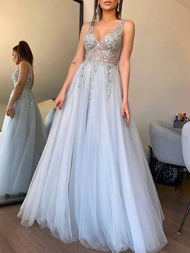 A-Line Minimalist Elegant Party Wear Formal Evening Dress V Neck Sleeveless Floor Length Tulle with Pleats Appliques - RongMoon