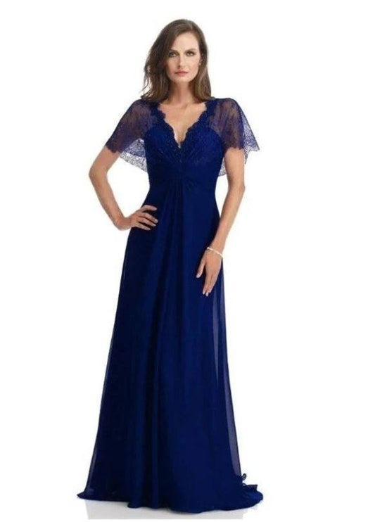 Royal Blue Mother Of The Bride Dresses A-line V-neck Floor Length Chiffon Lace Plus Size Long Groom Mother Dresses Wedding - RongMoon
