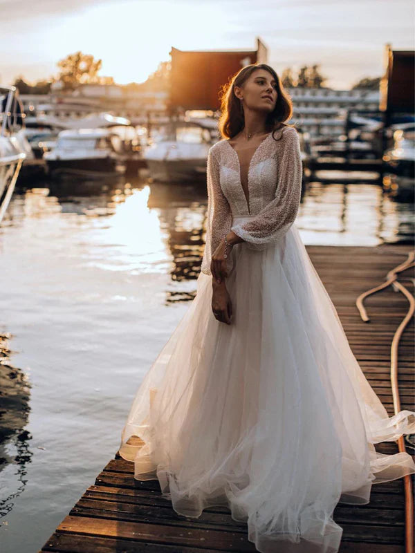 Fascinating Long Sleeves Deep V-neck Lace Backless A-line Wedding Dresses Sexy