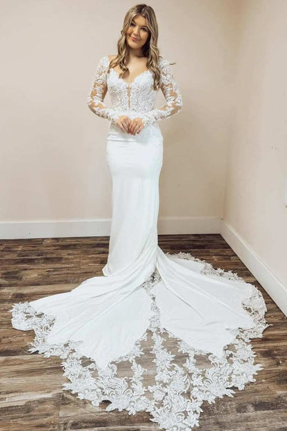 Elegant V-Neck Mermaid Sweep Train White Long Wedding Dress