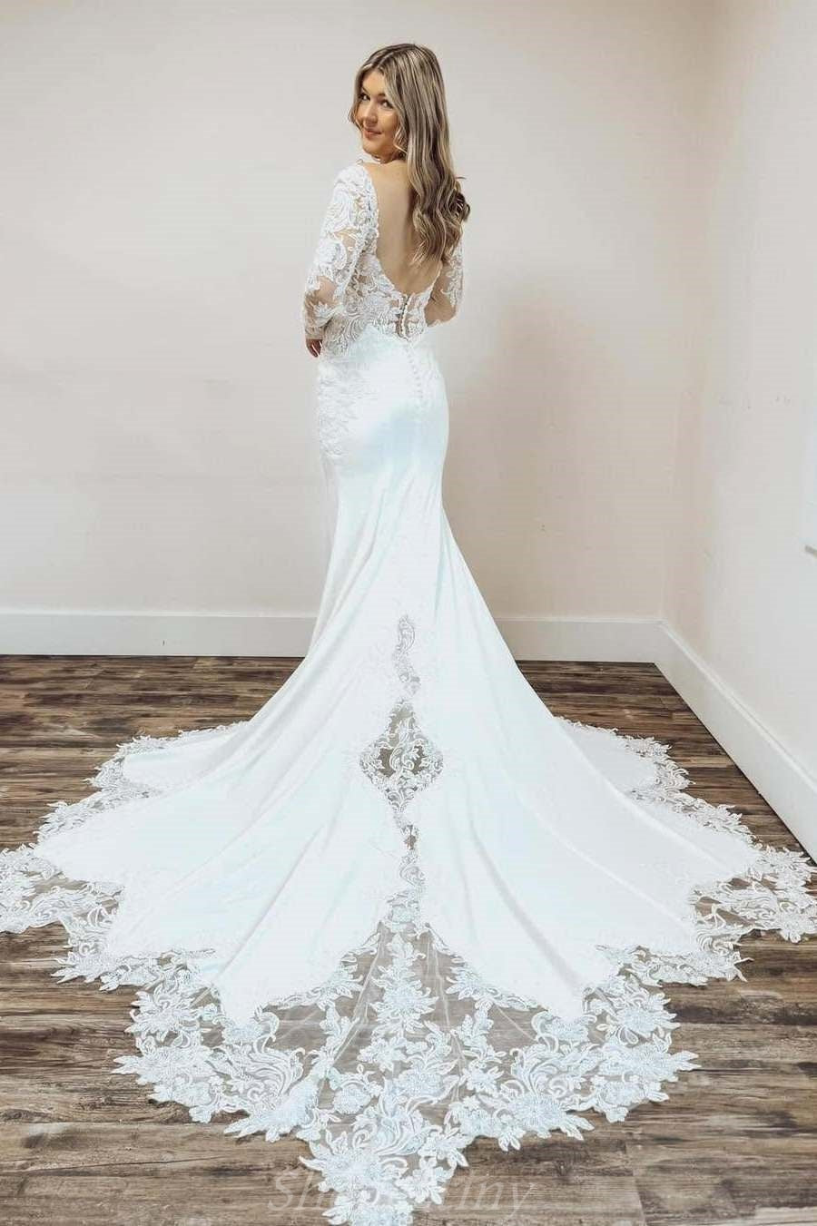 Elegant V-Neck Mermaid Sweep Train White Long Wedding Dress