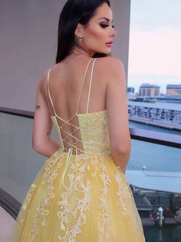 A-Line/Princess Spaghetti Straps Applique Sleeveless Tulle Floor-Length Dresses - RongMoon