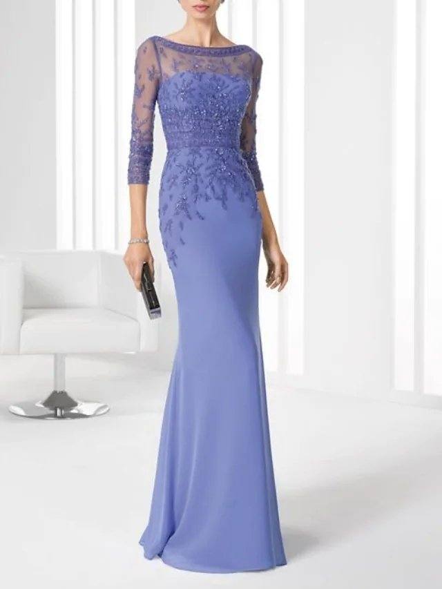 Mermaid / Trumpet Mother of the Bride Dress Elegant Illusion Neck Floor Length Chiffon 3/4 Length Sleeve with Lace - RongMoon