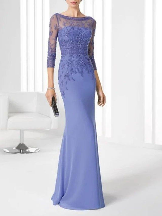 Mermaid / Trumpet Mother of the Bride Dress Elegant Illusion Neck Floor Length Chiffon 3/4 Length Sleeve with Lace - RongMoon