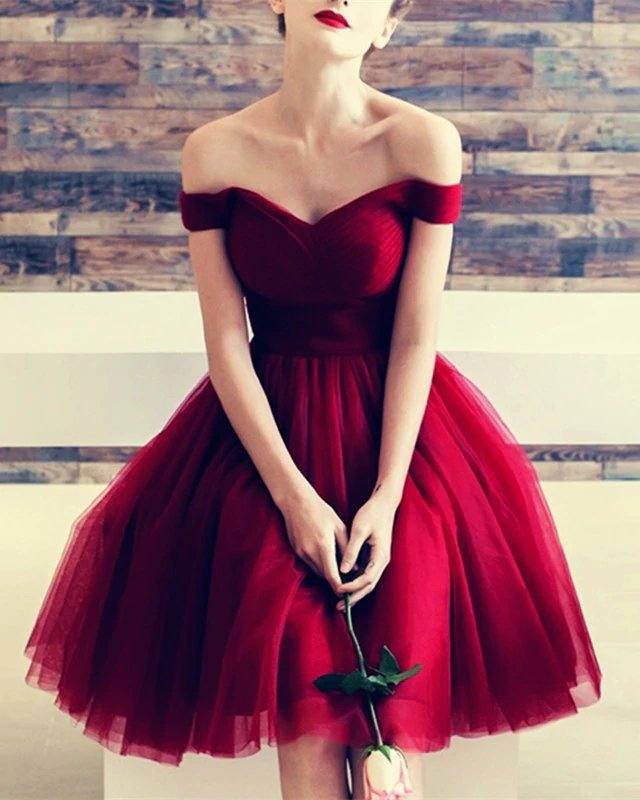 Burgundy Tulle V-neck Off The Shoulder Bridesmaid Dresses Knee Length - RongMoon