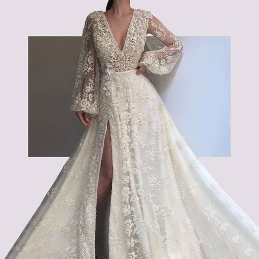 Lace Muslim Evening Dresses A-line V-neck Long Sleeves Slit Beaded Long Islamic Dubai Saudi Arabic Long Formal Evening Gown - RongMoon