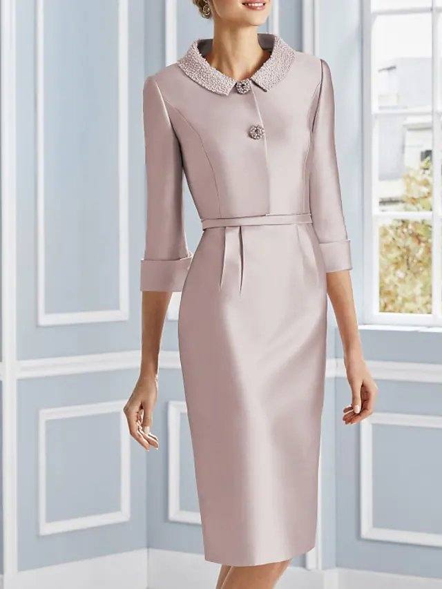 Two Piece Sheath / Column Mother of the Bride Dress Luxurious Elegant Jewel Neck Knee Length Satin Short Sleeve with Pearls - RongMoon