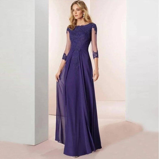 Blue Mother Of The Bride Dresses A-line 3/4 Sleeves Chiffon Appliques Plus Size Long Elegant Groom Mother Dresses Wedding - RongMoon