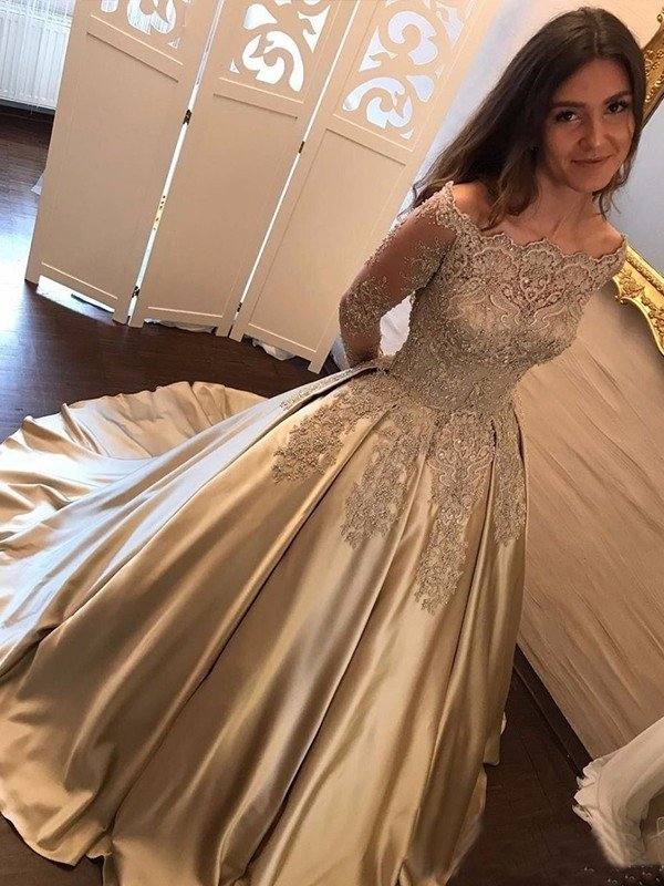Ball Gown Long Sleeves Off-the-Shoulder Sweep/Brush Train Applique Satin Dresses - RongMoon