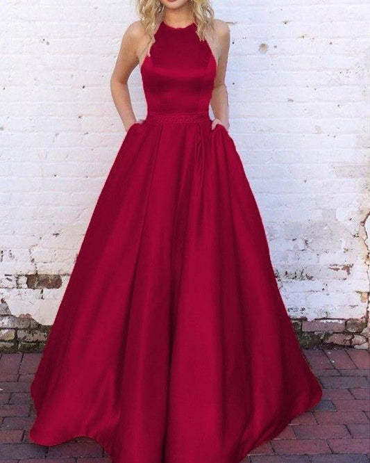 halter long satin ball gowns prom dresses open back - RongMoon