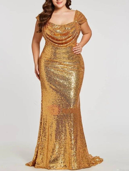 Mermaid / Trumpet Sparkle Plus Size Party Wear Formal Evening Dress Scoop Neck Short Sleeve Sweep / Brush Train Sequined with Ruched - RongMoon