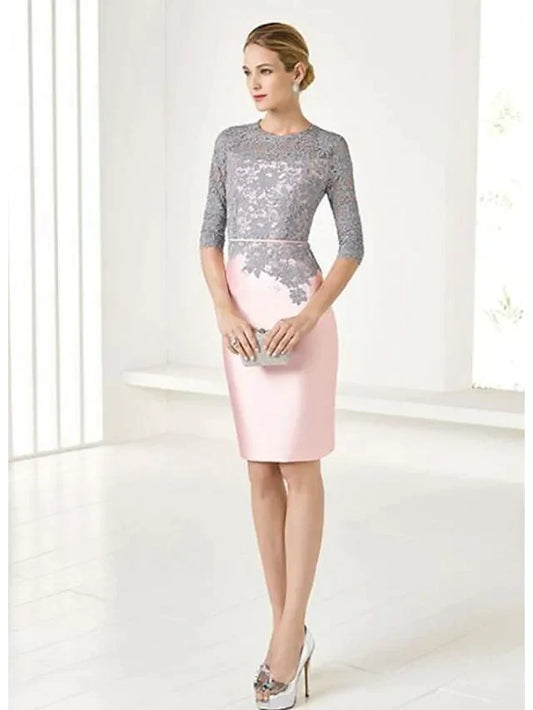Mother of the Bride Dress Wrap Included Jewel Neck Knee Length Lace Satin 3/4 Length Sleeve with Lace