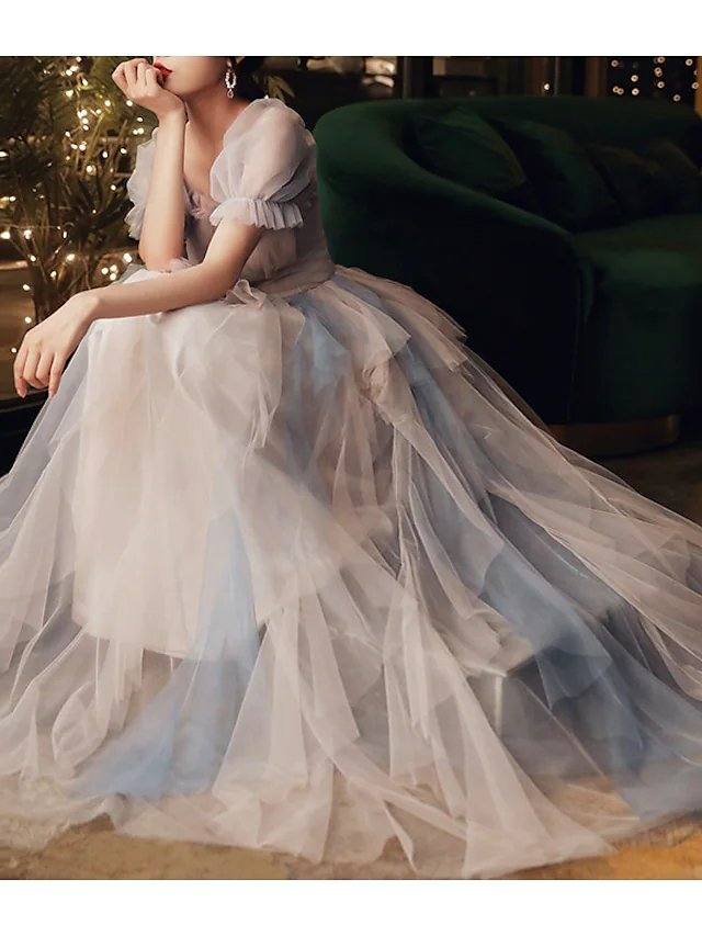 A-Line Color Block Elegant Wedding Guest Prom Dress Scoop Neck Half Sleeve Floor Length Tulle with Pleats Ruffles - RongMoon