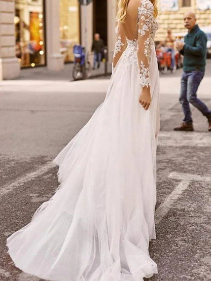 A-Line Wedding Dresses Plunging Neck Sweep / Brush Train Lace Tulle Chiffon Over Satin Long Sleeve Country Plus Size with Lace Embroidery Split Front - RongMoon