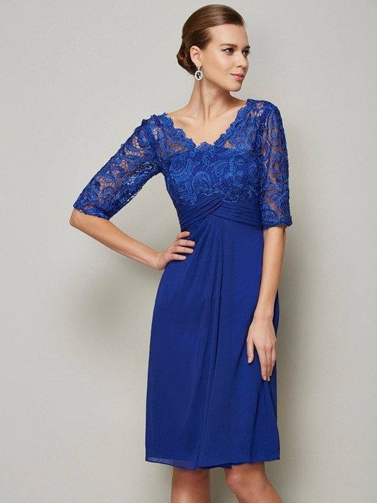 Sheath/Column V-neck 1/2 Sleeves Lace Short Chiffon Mother of the Bride Dresses - RongMoon