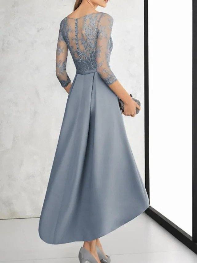 A-Line Mother of the Bride Dress Elegant V Neck Asymmetrical Lace Satin 3/4 Length Sleeve with Bow(s) - RongMoon