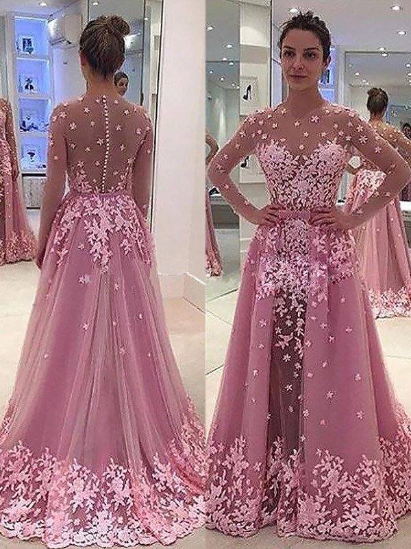 A-Line/Princess Scoop Long Sleeves Applique Tulle Floor-Length Dresses - RongMoon