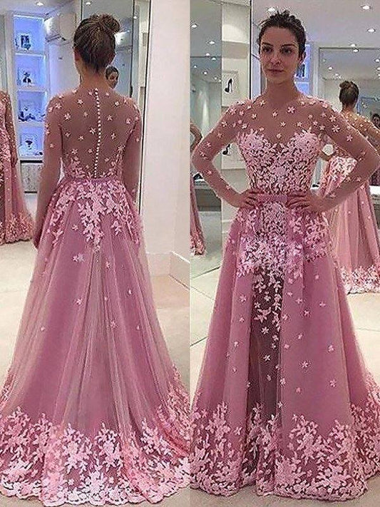 A-Line/Princess Scoop Long Sleeves Applique Tulle Floor-Length Dresses - RongMoon