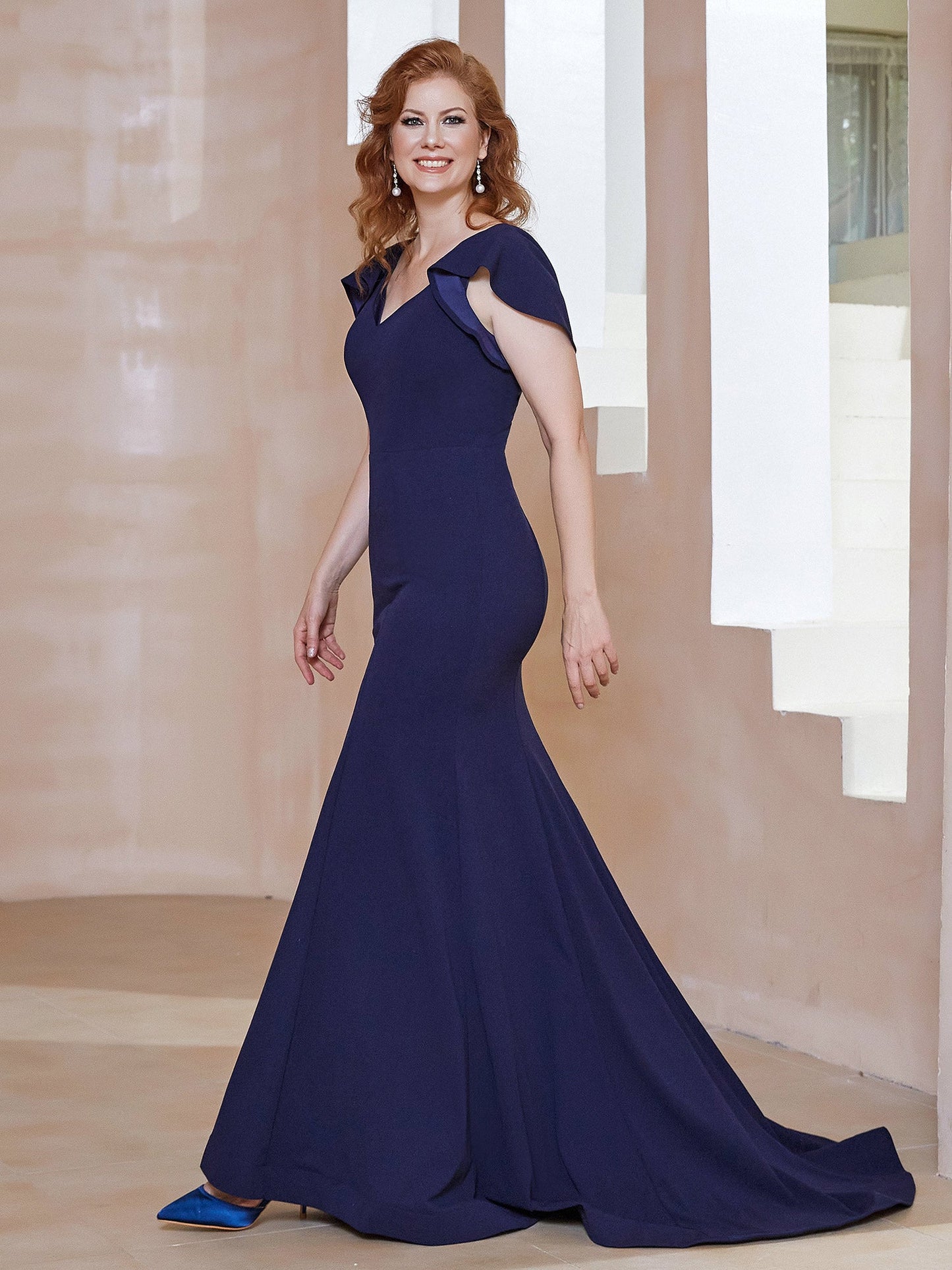 V-Neck Flutter Sleeves Mermaid Dress Dark Navy