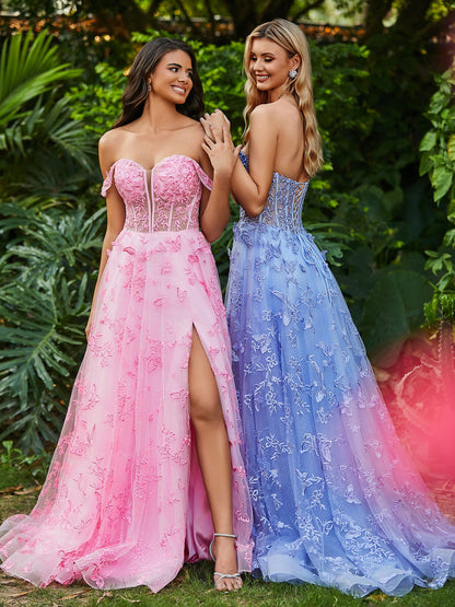 Corset Bodice Sweetheart A-line Gown with Slit Blue