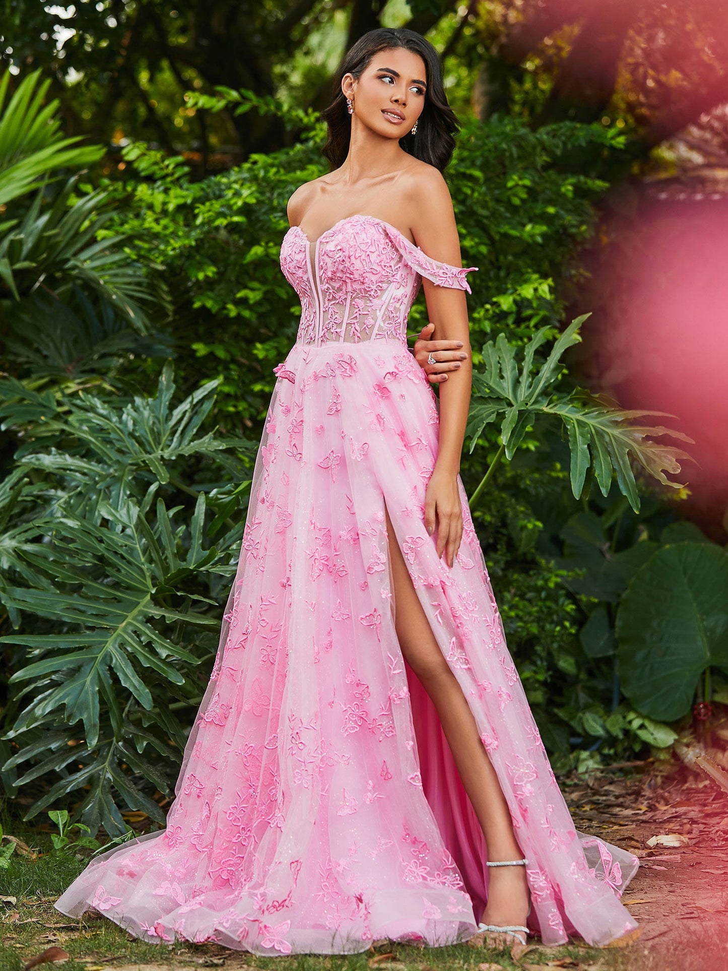 Corset Bodice Sweetheart A-line Gown with Slit Candy Pink