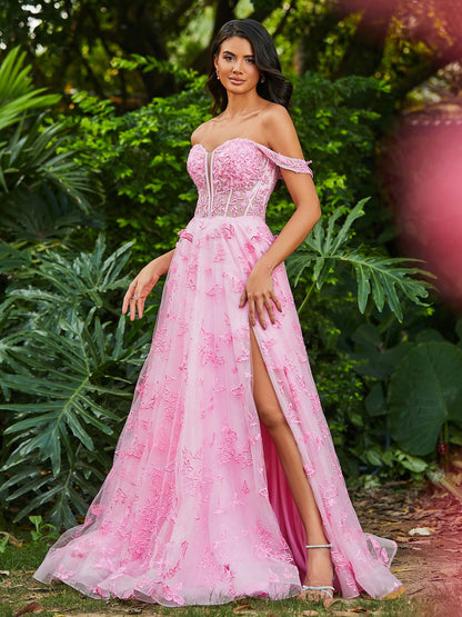 Corset Bodice Sweetheart A-line Gown with Slit Candy Pink
