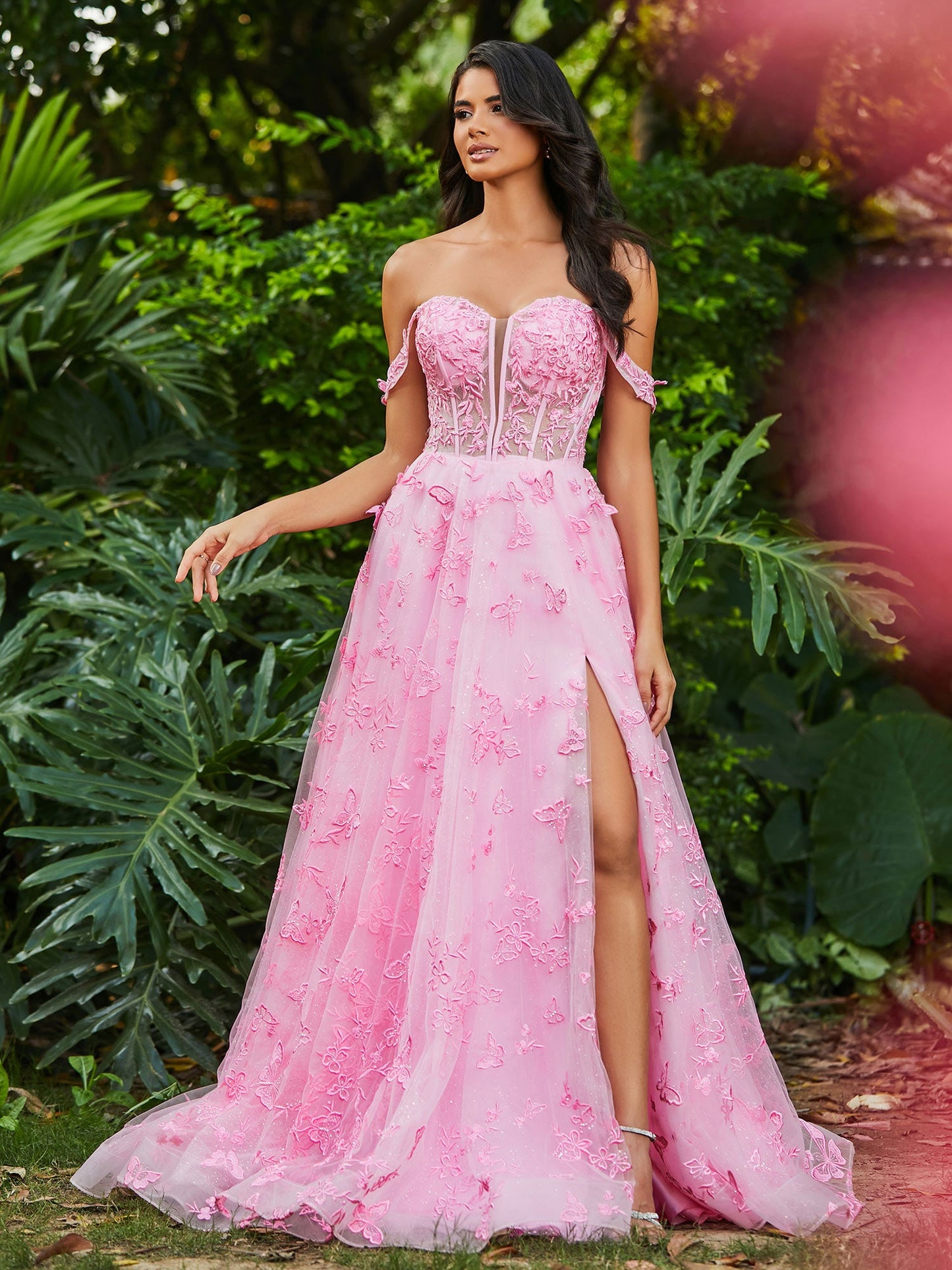 Corset Bodice Sweetheart A-line Gown with Slit Candy Pink