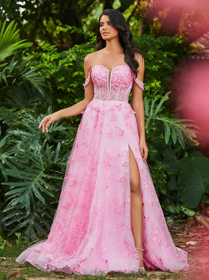 Corset Bodice Sweetheart A-line Gown with Slit Candy Pink
