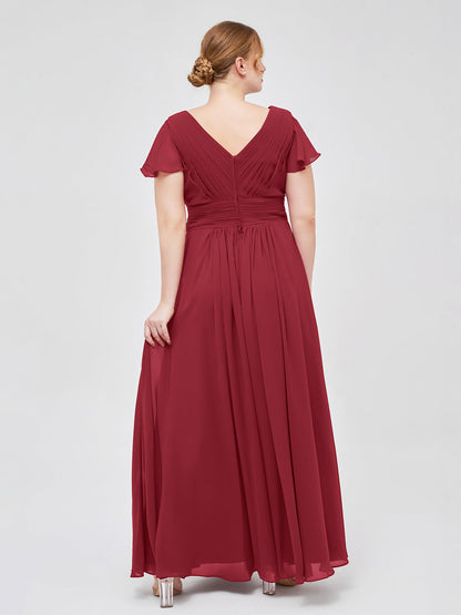 Cap Sleeves Chiffon Long Bridesmaid Dress Burgundy
