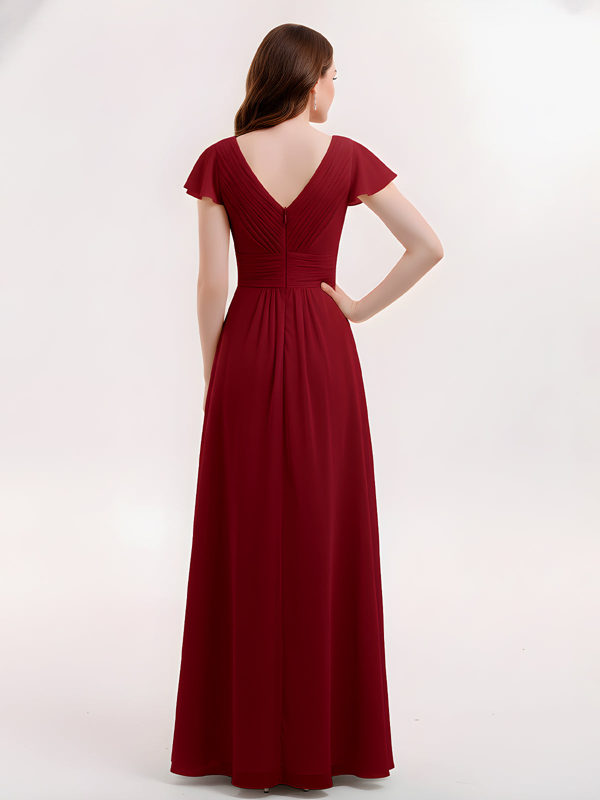 Cap Sleeves Chiffon Long Bridesmaid Dress Burgundy