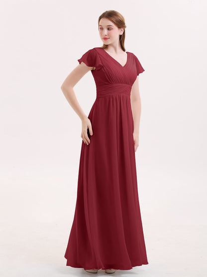 Cap Sleeves Chiffon Long Bridesmaid Dress Burgundy